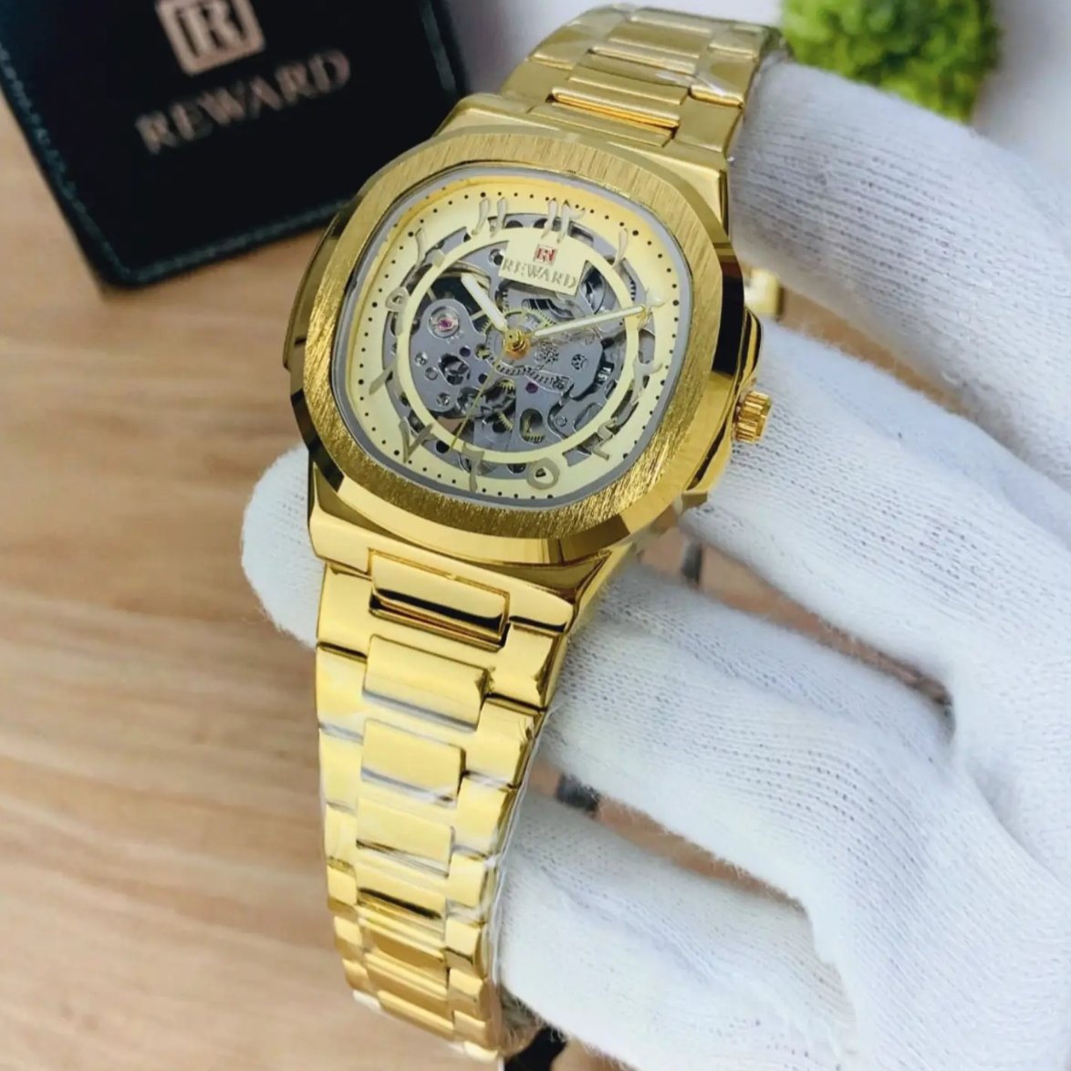 REWARD Full Gold Skeleton Automatic Watch for Men - Luxury Stainless Steel Watch with Arabic Numeral
